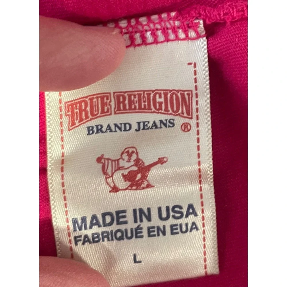 True Religion Mens Pink World Tour Buddha Logo T-Shirt Large Made in USA Cotton